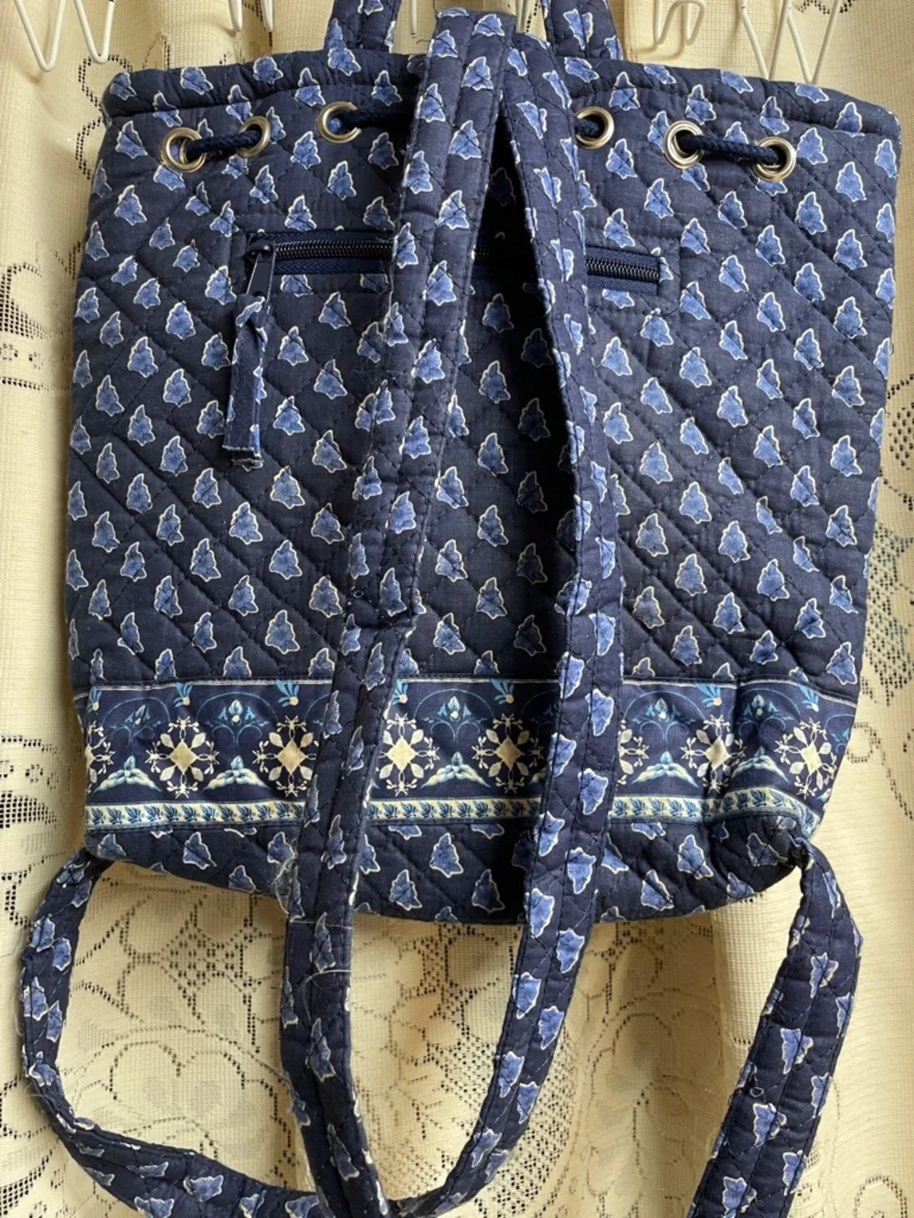 Navy Quilted Floral Print Backpack Tote Bag